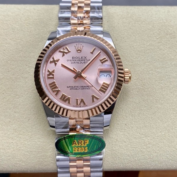 Datejust series, 31mm pink dial, rose gold two-tone strap.