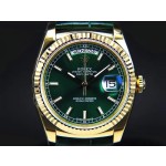 Sunday calendar series women's watch, green dial, gold bezel, 36mm, green leather strap.