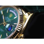 Sunday calendar series women's watch, green dial, gold bezel, 36mm, green leather strap.