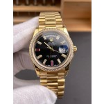 Sunday calendar series women's watch, black dial, diamond-set bezel, 36mm, gold President-style bracelet.