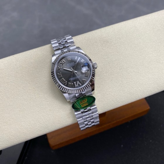Datejust series, 31mm grey dial, silver strap.