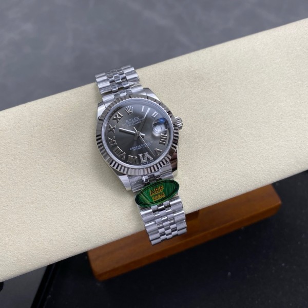 Datejust series, 31mm grey dial, silver strap.
