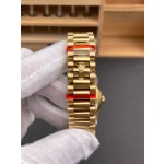 Sunday calendar series women's watch, black dial, diamond-set bezel, 36mm, gold President-style bracelet.
