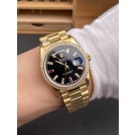 Sunday calendar series women's watch, black dial, diamond-set bezel, 36mm, gold President-style bracelet.