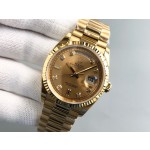Sunday date display series women's watch with diamonds, gold dial, gold bezel, 36mm, gold President-style bracelet.