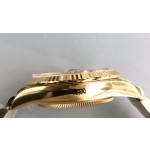 Sunday date display series women's watch with diamonds, gold dial, gold bezel, 36mm, gold President-style bracelet.