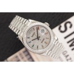 Sunday Calendar series women's watch, full diamond dial, diamond-set bezel, 36mm, with diamond-set silver President-style bracelet.