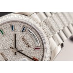 Sunday Calendar series women's watch, full diamond dial, diamond-set bezel, 36mm, with diamond-set silver President-style bracelet.