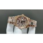Sunday calendar series women's watch with full diamond dial, diamond-set bezel, 36mm case, and diamond-set rose gold President-style bracelet.