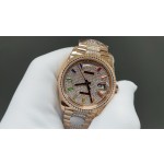 Sunday calendar series women's watch with full diamond dial, diamond-set bezel, 36mm case, and diamond-set rose gold President-style bracelet.