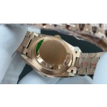 Sunday calendar series women's watch with full diamond dial, diamond-set bezel, 36mm case, and diamond-set rose gold President-style bracelet.