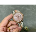 Sunday calendar series men's watch with pink dial, rose gold bezel, and 40mm two-tone five-link bracelet.