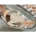 Sunday calendar series men's watch with pink dial, rose gold bezel, and 40mm two-tone five-link bracelet.