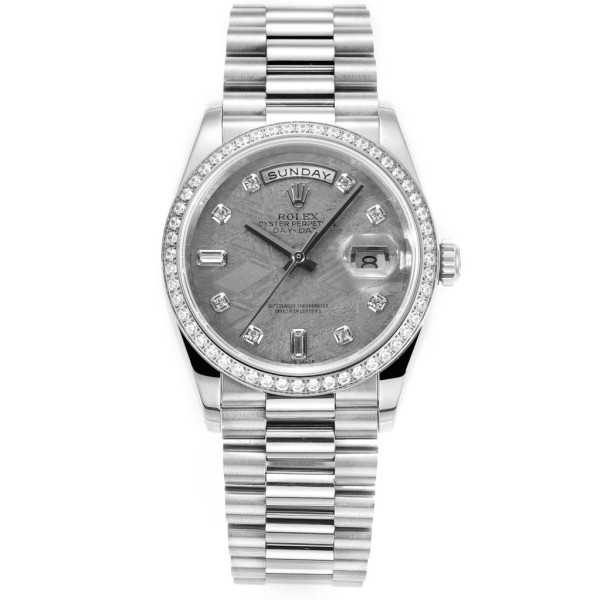 Sunday calendar series women's watch with meteorite-colored dial, diamond-set bezel, 36mm, and silver President-style bracelet.
