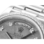 Sunday calendar series women's watch with meteorite-colored dial, diamond-set bezel, 36mm, and silver President-style bracelet.