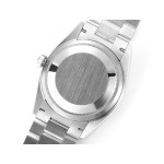 Sunday calendar series women's watch with meteorite-colored dial, diamond-set bezel, 36mm, and silver President-style bracelet.