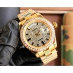 Sunday calendar series men's watch with full diamond dial, diamond-set bezel, 40mm case, and gold President-style bracelet.