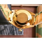 Sunday calendar series men's watch with full diamond dial, diamond-set bezel, 40mm case, and gold President-style bracelet.