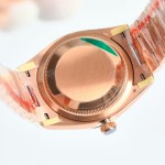 Sunday date display series women's watch, blue-green dial, rose gold bezel, 36mm, rose gold President-style bracelet.