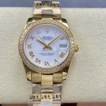Datejust series women's watch, white dial, diamond-set bezel, 31mm, gold Oyster bracelet.