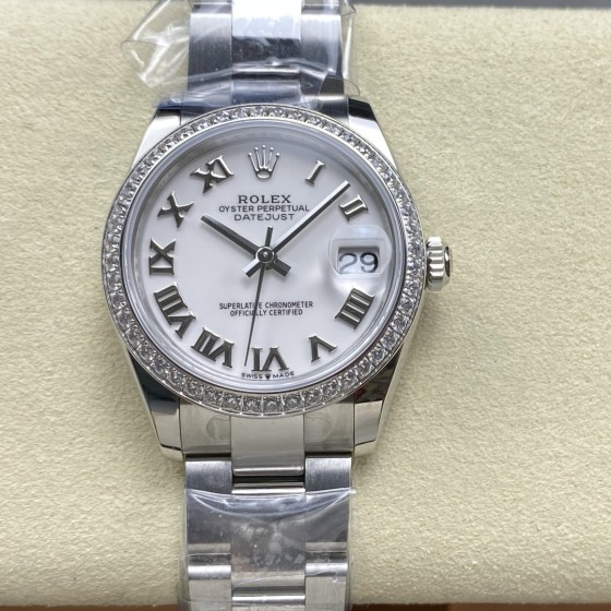 Datejust series women's watch, white dial, diamond-set bezel, 31mm, silver Oyster bracelet.