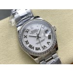 Datejust series women's watch, white dial, diamond-set bezel, 31mm, silver Oyster bracelet.