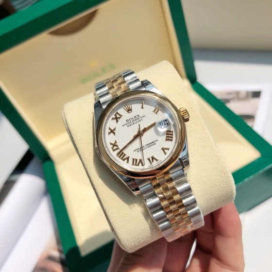 Datejust series women's watch, white dial, gold bezel, 31mm, two-tone five-link bracelet.