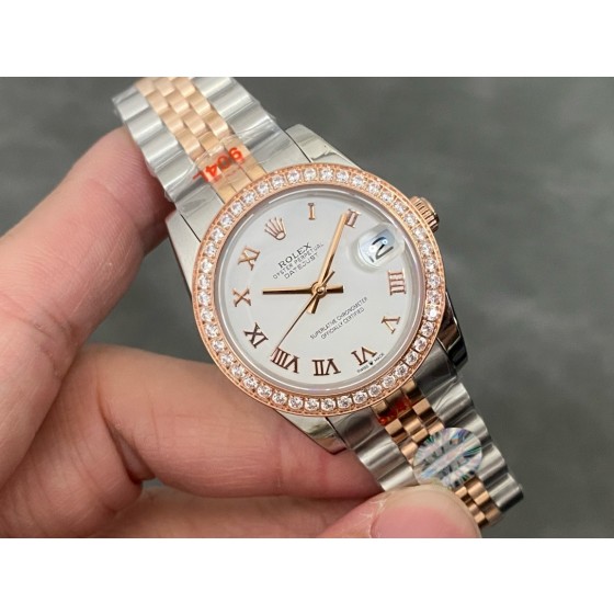 Datejust series women's watch, white dial, diamond-set bezel, 31mm, two-tone five-link bracelet.