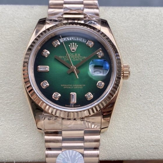 Sunday calendar series women's watch with diamonds, gradient green dial, rose gold bezel, 36mm, rose gold President-style bracelet.