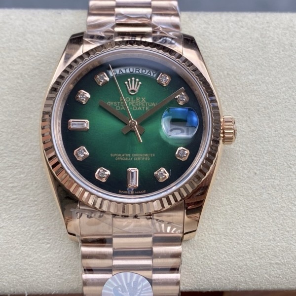 Sunday calendar series women's watch with diamonds, gradient green dial, rose gold bezel, 36mm, rose gold President-style bracelet.