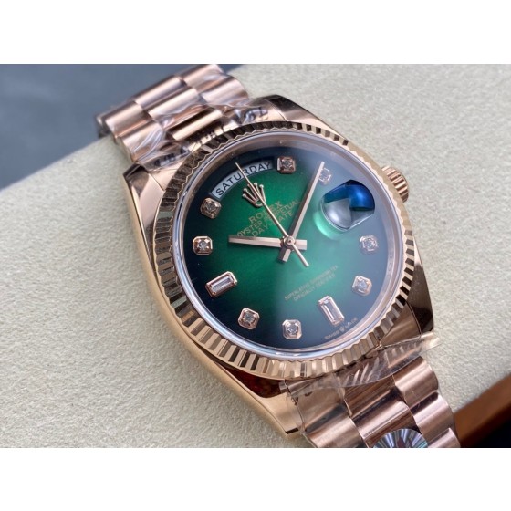 Sunday calendar series women's watch with diamonds, gradient green dial, rose gold bezel, 36mm, rose gold President-style bracelet.