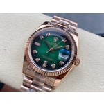Sunday calendar series women's watch with diamonds, gradient green dial, rose gold bezel, 36mm, rose gold President-style bracelet.