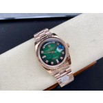 Sunday calendar series women's watch with diamonds, gradient green dial, rose gold bezel, 36mm, rose gold President-style bracelet.