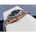 Sunday calendar series women's watch with diamonds, gradient green dial, rose gold bezel, 36mm, rose gold President-style bracelet.