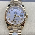 Sunday calendar series women's watch with diamond and mother-of-pearl dial, gold bezel, 36mm, gold President-style bracelet.