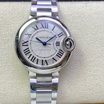 Cartier Ballon Bleu series, 33mm women's watch with silver dial and silver strap, mechanical movement.
