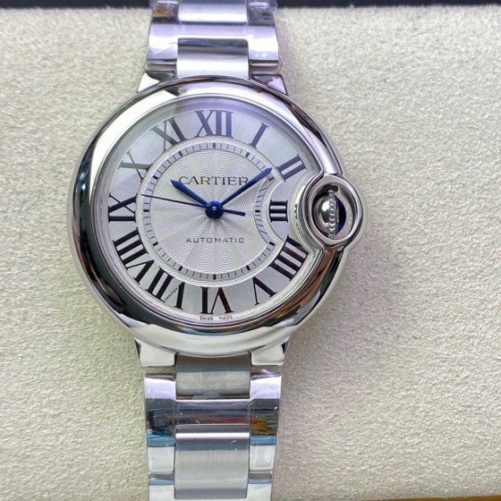 Cartier Ballon Bleu series, 33mm women's watch with silver dial and silver strap, mechanical movement.