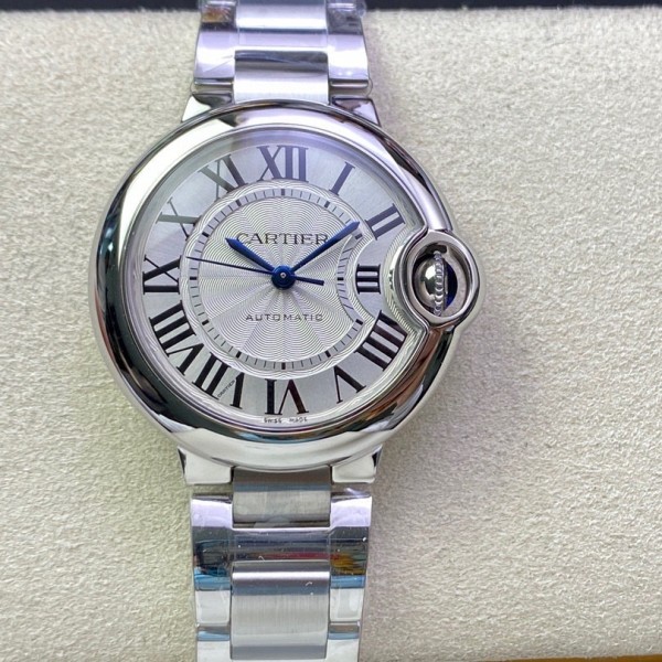 Cartier Ballon Bleu series, 33mm women's watch with silver dial and silver strap, mechanical movement.