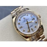 Sunday calendar series women's watch with diamond and mother-of-pearl dial, gold bezel, 36mm, gold President-style bracelet.
