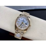 Sunday calendar series women's watch with diamond and mother-of-pearl dial, gold bezel, 36mm, gold President-style bracelet.