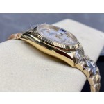 Sunday calendar series women's watch with diamond and mother-of-pearl dial, gold bezel, 36mm, gold President-style bracelet.