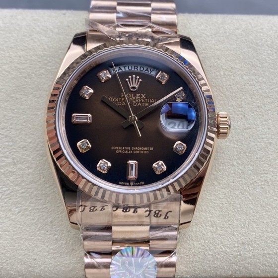 Sunday date display series women's watch, brown dial, rose gold bezel, 36mm, rose gold President-style bracelet.