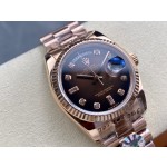 Sunday date display series women's watch, brown dial, rose gold bezel, 36mm, rose gold President-style bracelet.