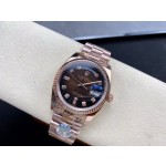 Sunday date display series women's watch, brown dial, rose gold bezel, 36mm, rose gold President-style bracelet.