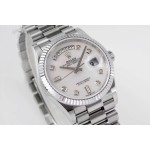 Sunday date display series women's watch, white dial, silver bezel, 36mm, silver President-style bracelet.