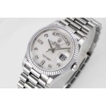 Sunday date display series women's watch, white dial, silver bezel, 36mm, silver President-style bracelet.
