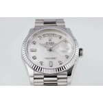 Sunday date display series women's watch, white dial, silver bezel, 36mm, silver President-style bracelet.