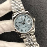 Sunday date display series women's watch, ice blue dial, silver bezel, 36mm, silver President-style bracelet.