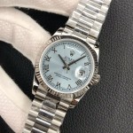 Sunday date display series women's watch, ice blue dial, silver bezel, 36mm, silver President-style bracelet.