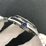 Sunday date display series women's watch, ice blue dial, silver bezel, 36mm, silver President-style bracelet.